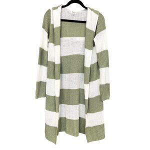 POL Sage + White Striped Hooded Knit Cardigan Size Small